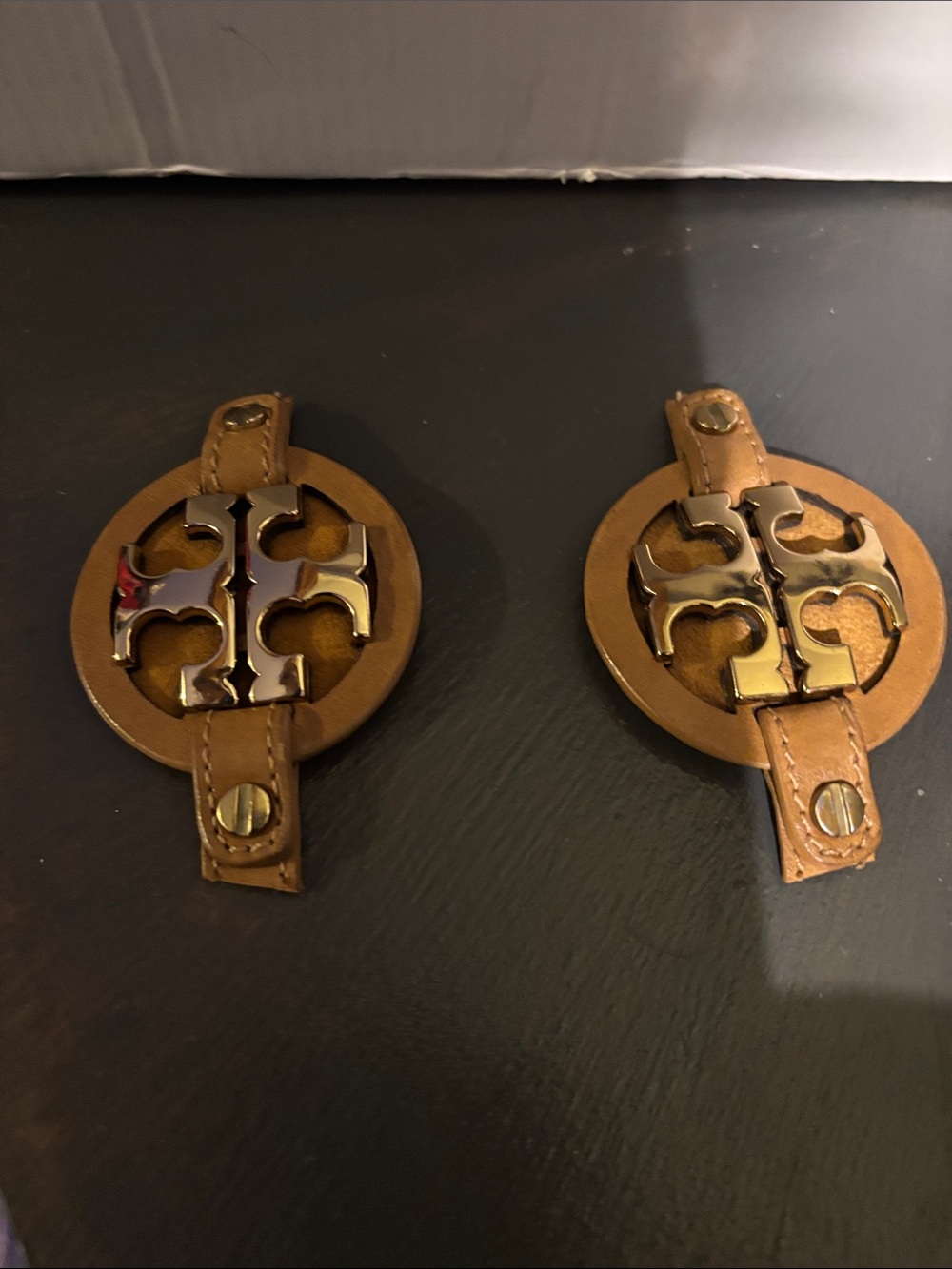Tory Burch Tan Leather Logo Wall Hooks with Gold-Tone Emblems- bundle of two